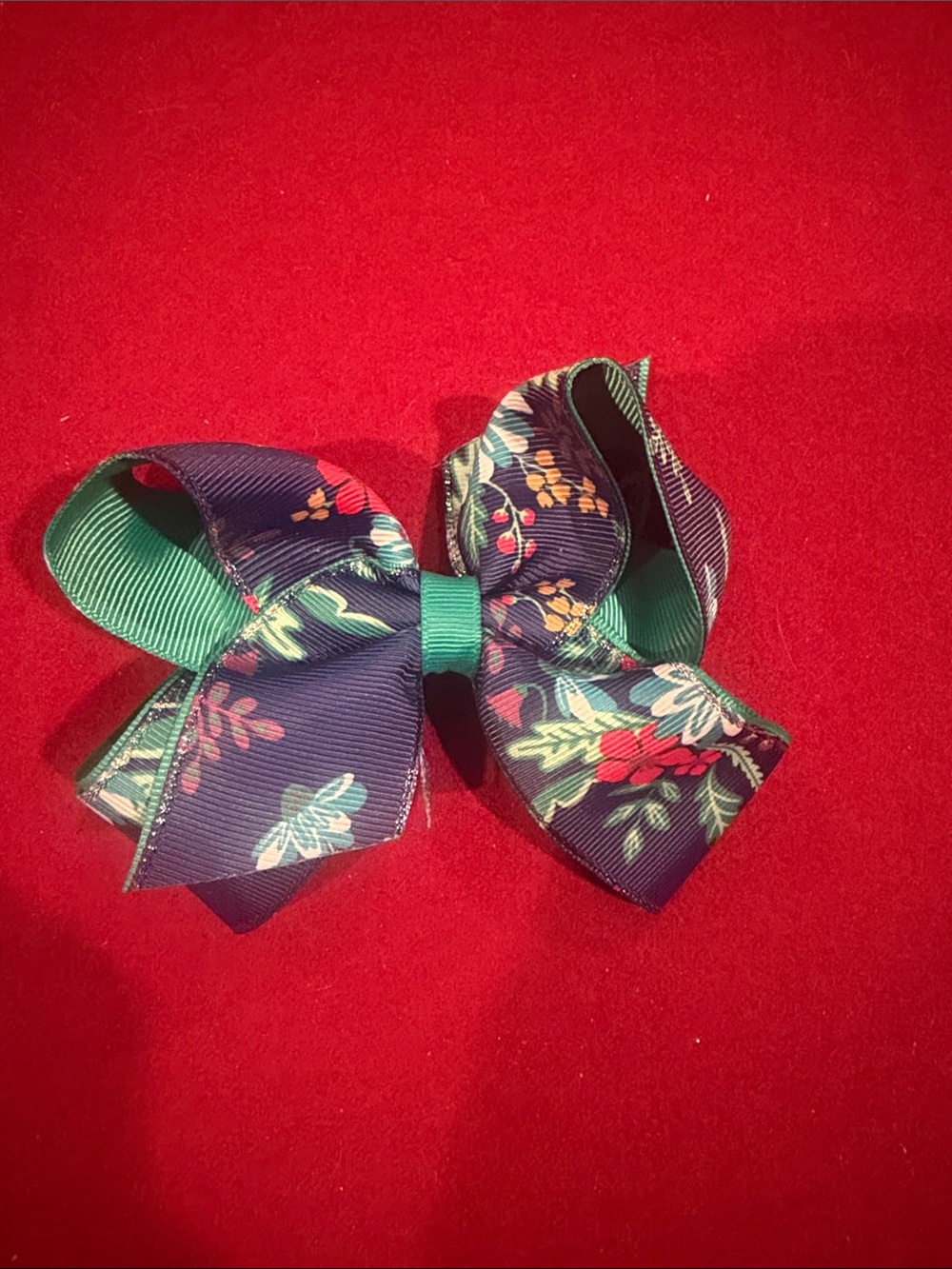 Matilda Jane Navy Floral Kids Hair Bow with Green Accent